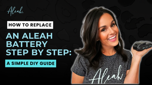 Smiling woman holding a 20V Aleah battery with guide text, illustrating how to replace an Aleah battery step by step.