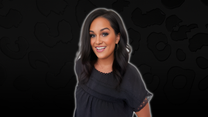 Aleah promotional graphic highlighting simple DIY projects for beginners at home, featuring a smiling woman against a dark patterned background.