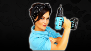 Retro‑style woman holding a cordless power drill for beginners, promoting DIY confidence and Aleah tools.