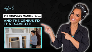 DIY fireplace mantle fix project showing Aleah smiling and pointing toward crown molding repair footage.