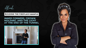Blog header showing NataLee introducing fireplace mantle DIY project with crown molding and inner corners.