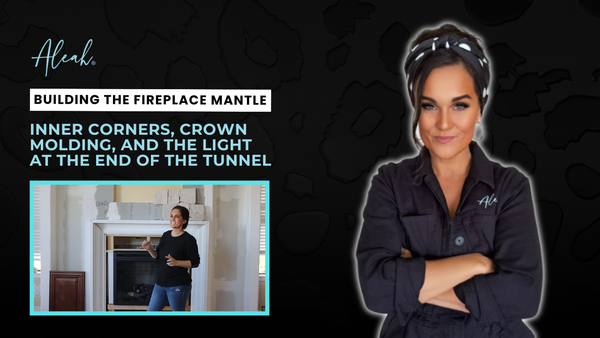 Blog header showing NataLee introducing fireplace mantle DIY project with crown molding and inner corners.