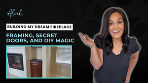 DIY video thumbnail showing how to build your dream fireplace with framing, secret doors, and creative design elements.