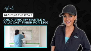 DIYer showcasing mantle transformation with DIY stone grouting and faux cast finish for $200.