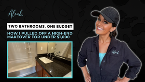 Woman smiling beside graphic for DIY bathroom makeover under $1,000, featuring before‑and‑after bathroom interiors.