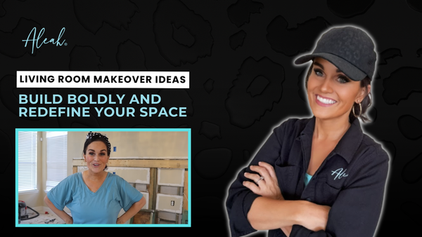 Promotional graphic for living room makeover ideas featuring Aleah branding and confident DIY creators.