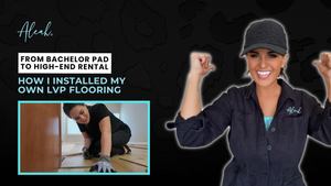 DIY transformation project showing how to install LVP flooring, featuring before‑and‑after visuals of a bachelor pad turned into a high‑end rental.