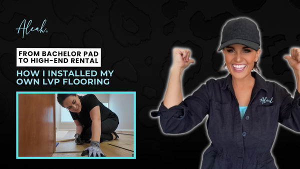 DIY transformation project showing how to install LVP flooring, featuring before‑and‑after visuals of a bachelor pad turned into a high‑end rental.