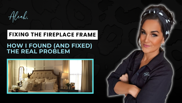 DIY tutorial thumbnail showing how to fix fireplace frame with NataLee standing beside a partially built wall.