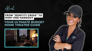 Hero graphic for a budget home theater guide showing a person watching a large screen in a cozy room, alongside Aleah smiling in branded attire.