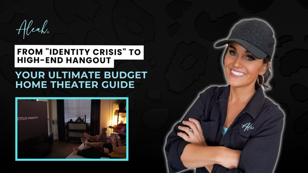 Hero graphic for a budget home theater guide showing a person watching a large screen in a cozy room, alongside Aleah smiling in branded attire.
