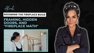 DIY video thumbnail showing fireplace build project with framing, hidden doors, and construction progress.
