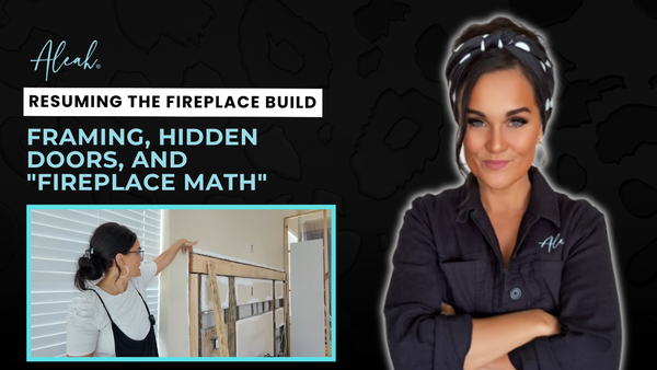 DIY video thumbnail showing fireplace build project with framing, hidden doors, and construction progress.