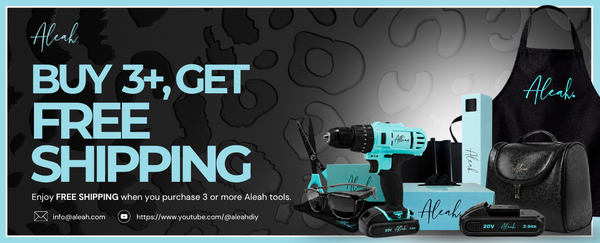 Aleah promotional banner showcasing quality tools and power tools for women, including a cordless drill, safety glasses, batteries, apron, and accessories. The image highlights a special offer of free shipping when purchasing three or more items, emphasizing stylish, ergonomic, and durable equipment designed for DIY projects and home improvement.
